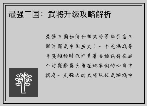 最强三国：武将升级攻略解析