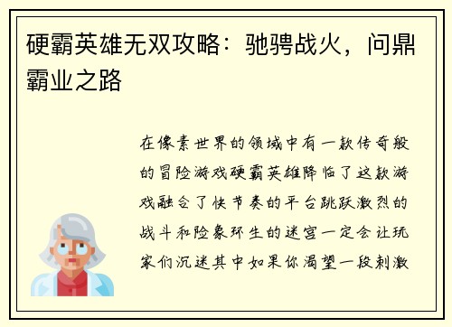 硬霸英雄无双攻略：驰骋战火，问鼎霸业之路